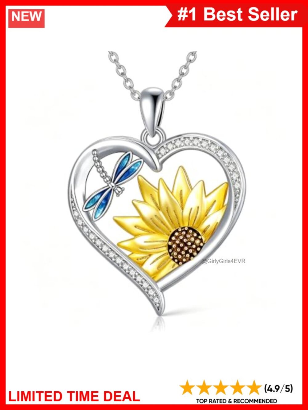 925 Sterling Silver Sunflower Dragonfly Pendant Necklace 18+2" Adjustable